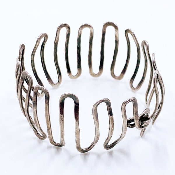 Vintage Silver Modernist Hammered Wave Bracelet | Modernist Zig Zag Open Work Bracelet