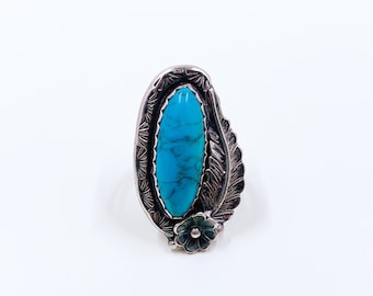 Vintage Sterling Turquoise Flower and Leaf Ring | Southwest Turquoise Stamped Ring | Size 7 1/2 Ring