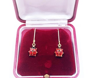 Estate 14K Gold Enamel Lady Bug Dangle Earrings