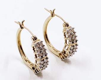 Vintage 10k Gold Diamond Hoop Earrings | Estate 10k Gold Diamond Hoops