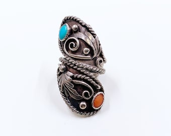 Vintage Silver Henry Baca Turquoise and Coral Bypass Ring | Large Silver Two Stone Ring | Size 7.5