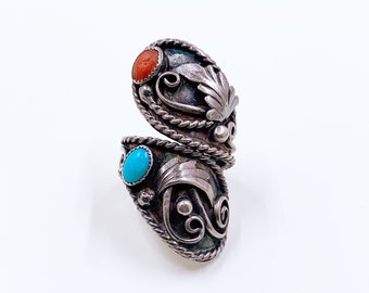 Vintage Silver Henry Baca Turquoise and Coral Bypass Ring | Large Silver Two Stone Ring | Size 8.5