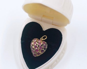 Estate 14K Gold Sapphire & Ruby Heart Pendant, 14K Puffy Heart Charm, Reversible Heart Charm