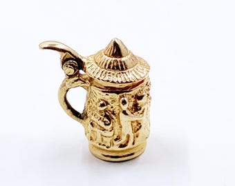 Estate 14K Gold Beer Stein Charm, 3D Movable Stein Pendant