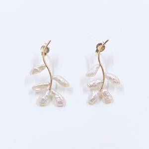 Vintage 14K Gold Pearl Branch Earrings | Delicate Baroque White Pearl Studs