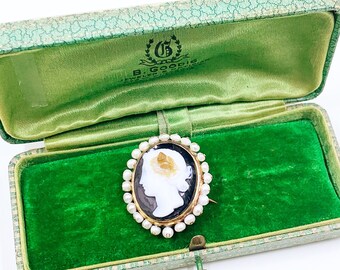 Antique Hard Stone Cameo Brooch | Carved Hardstone with Seed Pearl Surround