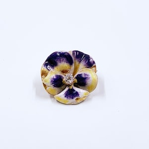 Antique Art Nouveau 14k Gold Enamel Pansy Brooch with Diamond