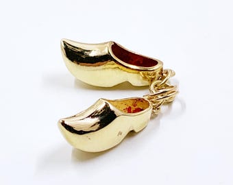 Vintage 14K Dutch Pair of Clogs Charm, Netherlands Wooden Shoe Charms