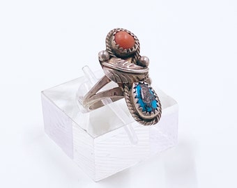 Vintage Silver Turquoise and Coral Ring | Southwest Jewelry | Silver Two Stone Ring | Size 5