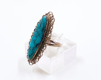 Vintage Silver Faux Turquoise Navette Ring | Size 5 Ring