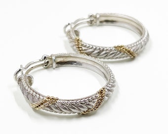 Estate Judith Ripka Two Tone Silver Braided Rope Hoop Earrings| Judith Ripka Silver and Gold Omega Hoop Earrings | Large Hoop Earrings