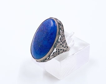 Antique Art Deco Blue Glass Stone Filigree Ring | Art Deco Filigree Sterling Silver Ring | Size 4 1/2 Ring