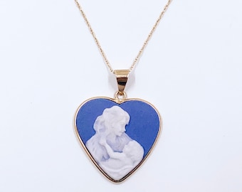 Estate Michael Anthony 10K Gold Mother and Child Heart Cameo Pendant | 10K Gold Porcelain Cameo Pendant with Necklace