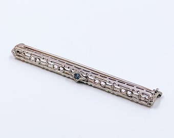 Antique Art Deco 10K Filigree Milgrain Bar Brooch with Blue Stone