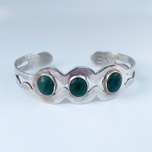 Vintage Mexican Silver Malachite Cuff Bracelet | Malachite Three Stone Cuff