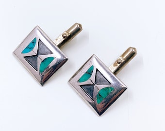 Vintage Silver and Turquoise Inlay Cuff Links | Vintage Modernist Silver Turquoise Cuff Links
