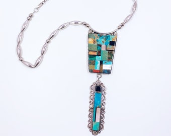 Sterling Native American Mosaic Multi Stone Inlay Necklace