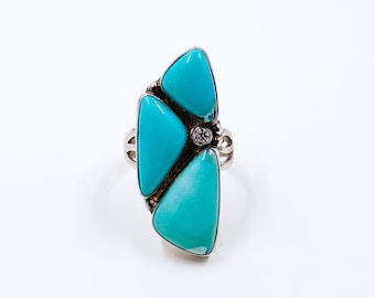 Vintage Jay King Three Stone Turquoise Silver Ring | Silver Long Turquoise Ring | Size 11 Ring