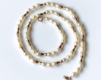 Vintage Cultured Pearl and 14k Gold Bead Necklace