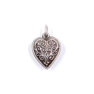 Vintage Sterling Scroll Work Puffy Heart Charm, Vintage Sterling Sweetheart Charm