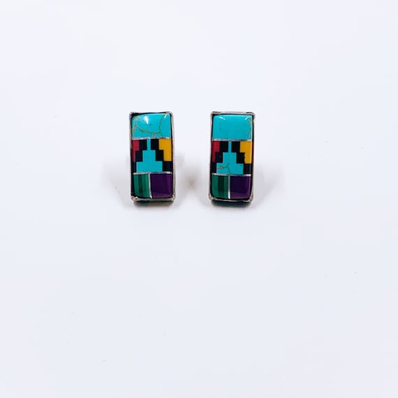 Vintage Silver Inlay Stud Earrings: Multicolor So… - image 1