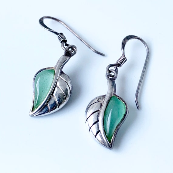 Vintage Silver Leaf Earrings | Green Stone Leaf E… - image 7