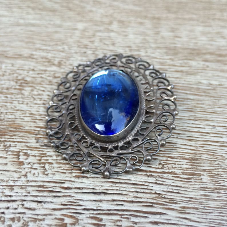 Blue Glass Mexican Silver Vintage Silver Filigree Brooch