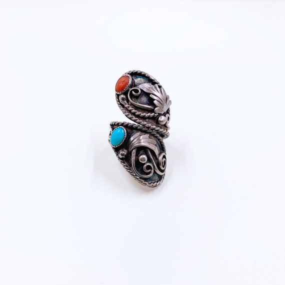 Vintage Henry Baca Sterling Silver Turquoise Coral Ring - Size 8.5