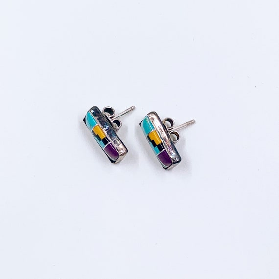 Vintage Silver Inlay Stud Earrings: Multicolor So… - image 5