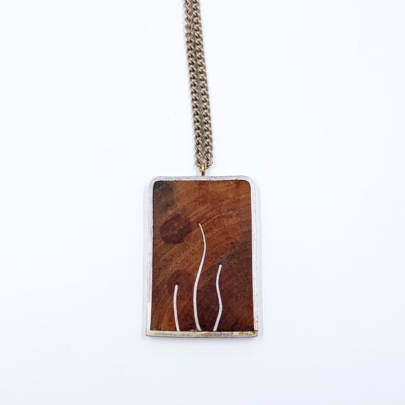 Vintage Modernist Wood and Pewter Inlay Necklace … - image 2