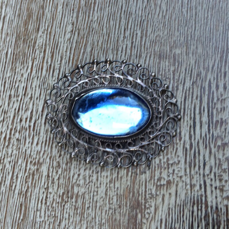 Blue Glass Mexican Silver Vintage Silver Filigree Brooch