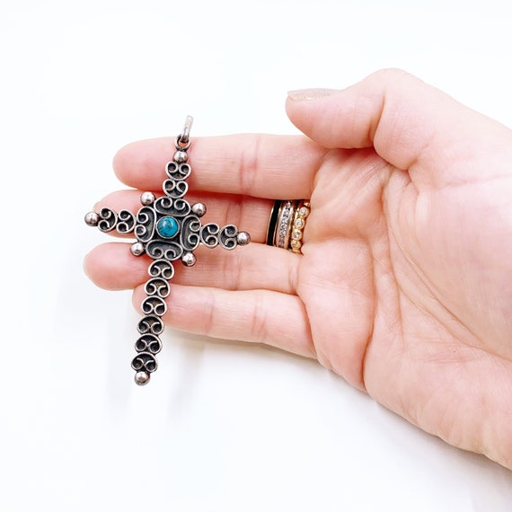 Vintage Mexican Silver Filigree Cross Pendant | M… - image 9