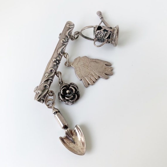 Vintage Silver Gardening Charm Brooch | Gardening… - image 8