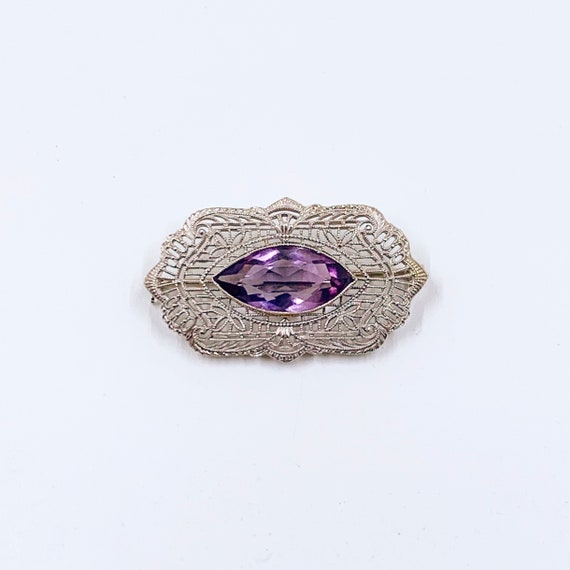 Antique Art Deco 14K Filigree Amethyst Brooch - image 2