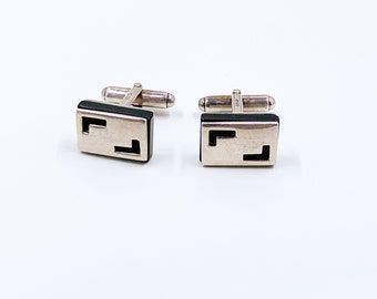 Vintage Modernist Silver Cufflinks | Onyx and Silver | Cutout Cufflinks | English Silver