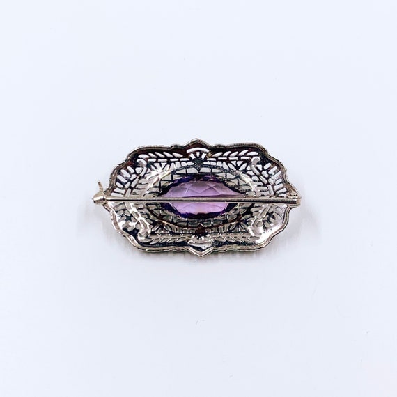 Antique Art Deco 14K Filigree Amethyst Brooch - image 3