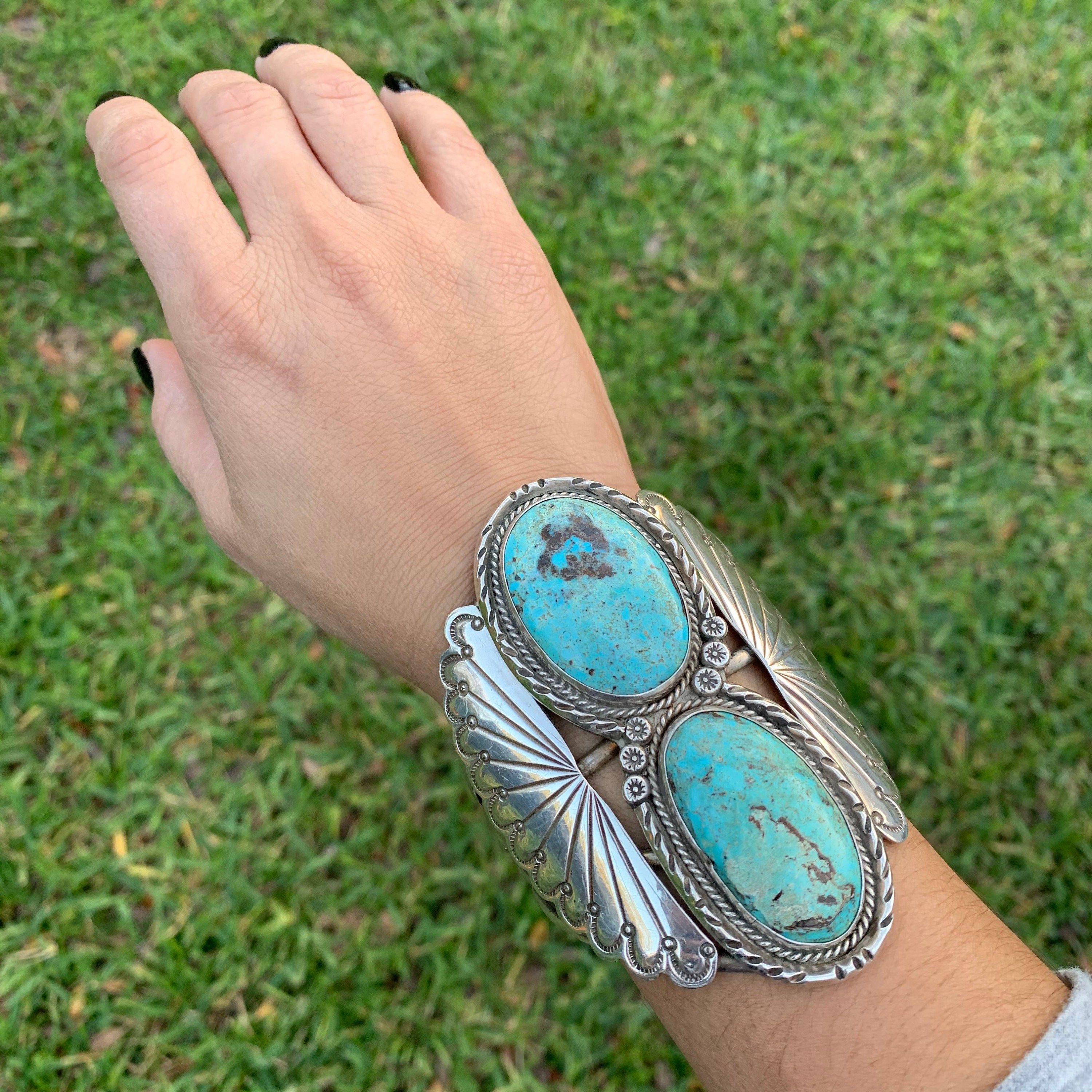 Reserved for Linda vintage Silver Two Stone Turquoise Cuff Large