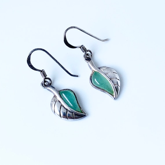 Vintage Silver Leaf Earrings | Green Stone Leaf E… - image 1