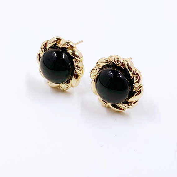 Estate 14K Gold Onyx Button Earrings | Domed Onyx… - image 2