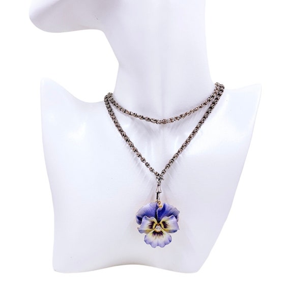 Art Nouveau 14K Enamel Pansy Brooch Pendant with Diamond