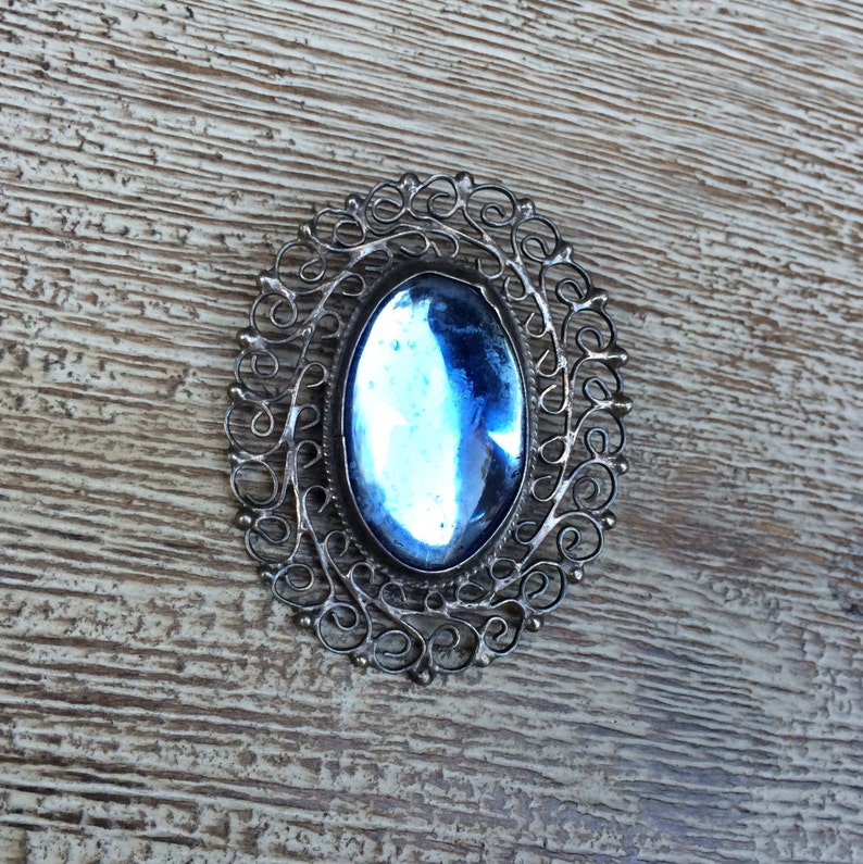 Blue Glass Mexican Silver Vintage Silver Filigree Brooch