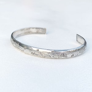 Antique Chinese Silver Cuff Bracelet: Engraved Floral Wedding Bangle