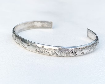 Antique Chinese Silver Cuff Bracelet: Engraved Floral Wedding Bangle