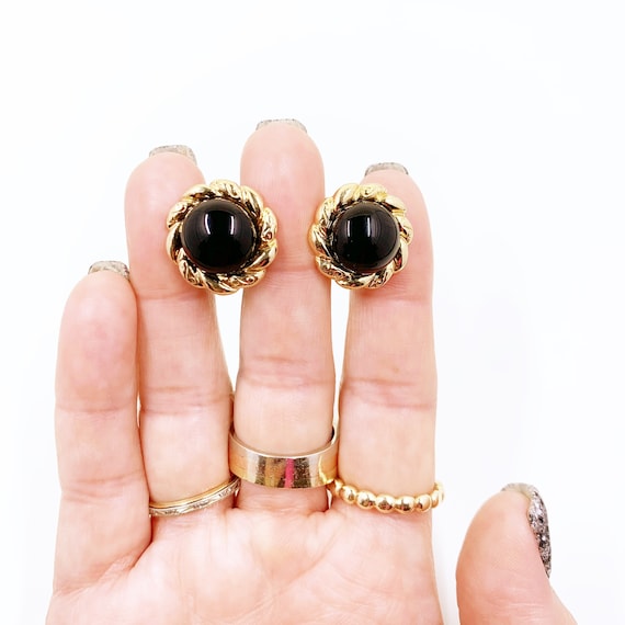 Estate 14K Gold Onyx Button Earrings | Domed Onyx… - image 1