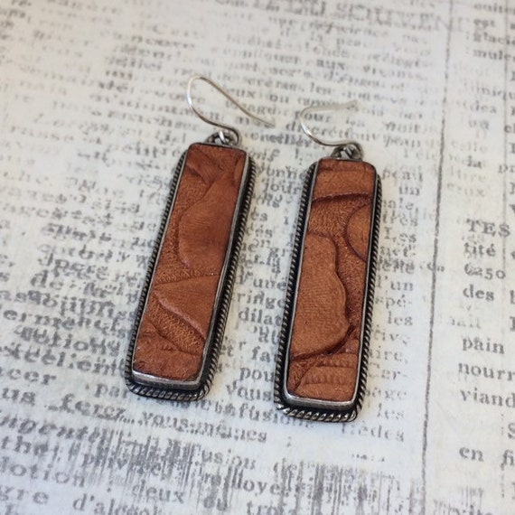 Vintage Tooled Leather Silver Earrings | Southwes… - image 7