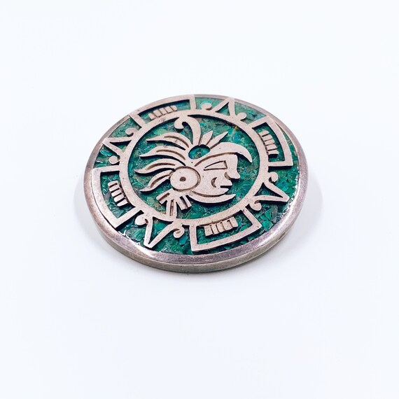 Vintage Mexican Silver Brooch Pendant: Two Trees Turquoise Warrior Medallion View 3