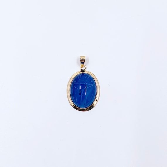 Vintage 14K Gold Scarab Pendant, Blue Agate Pendan