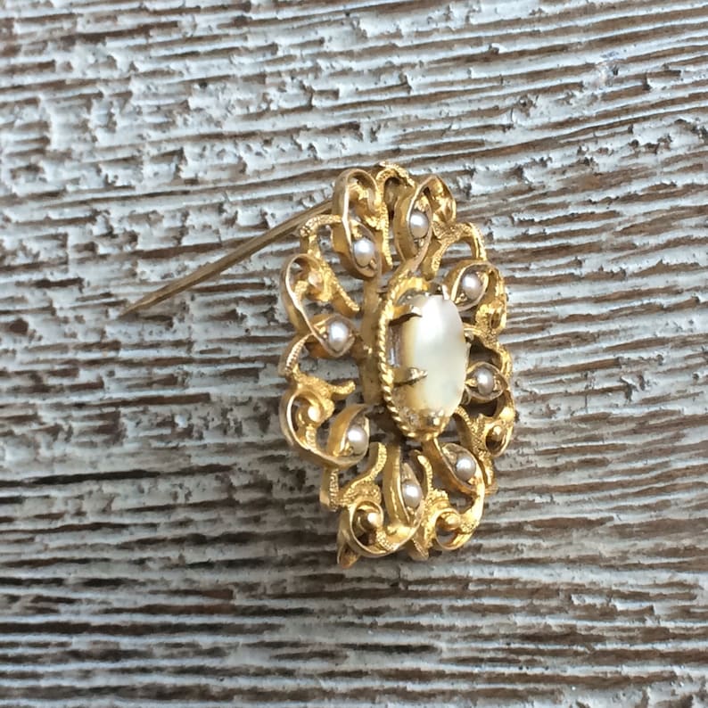 Gold Brooch Vintage Seed Pearl Brooch Mother of Pearl