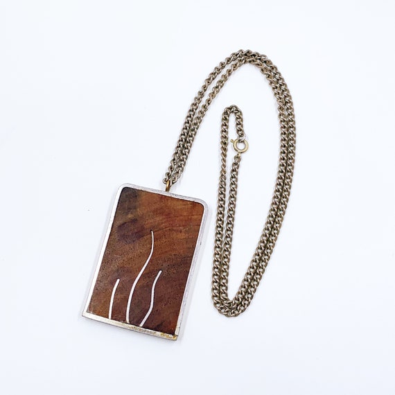 Vintage Modernist Wood and Pewter Inlay Necklace … - image 4