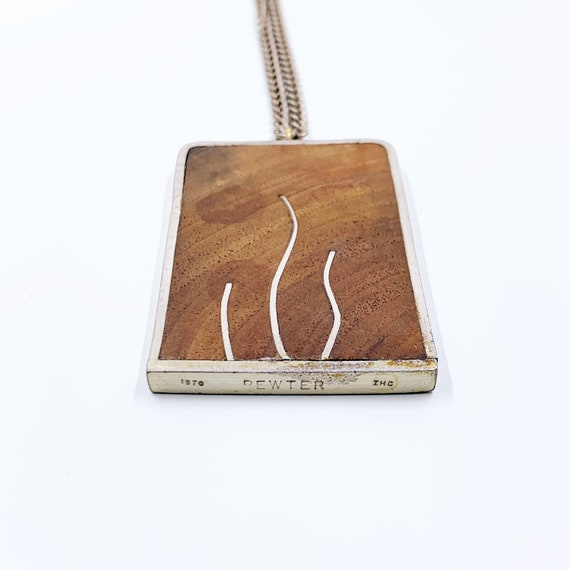 Vintage Modernist Wood and Pewter Inlay Necklace … - image 8